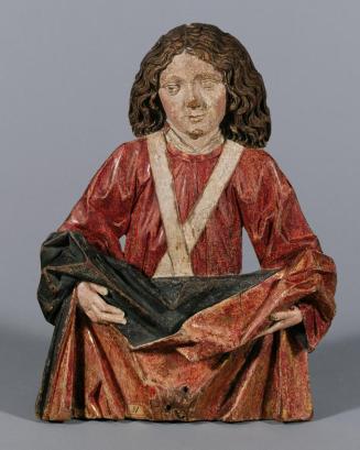Südtiroler Bildschnitzer, Vorhang haltender Engel, um 1465/1470, Zirbenholz, Reste originaler F…