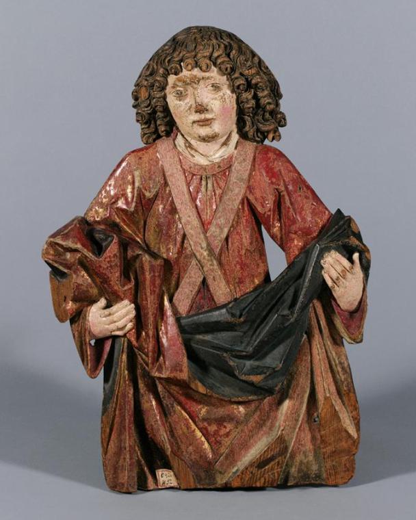 Südtiroler Bildschnitzer, Vorhang haltender Engel, um 1465/1470, Zirbenholz, Reste originaler F…
