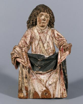 Südtiroler Bildschnitzer, Vorhang haltender Engel, um 1465/1470, Zirbenholz, Reste originaler F…