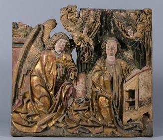 Hans Klocker (Werkstatt), Verkündigung an Maria, um 1485, Zirbenholz, gefasst, vergoldet, 92 x …