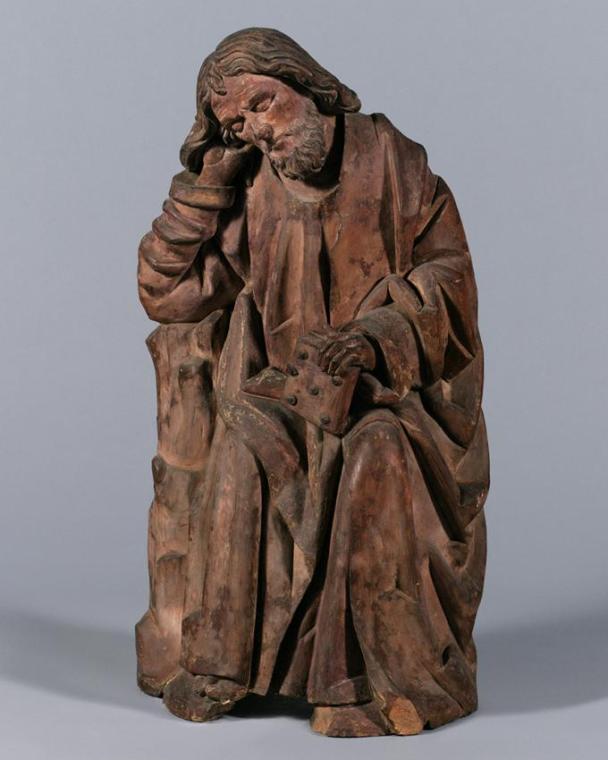 Österreichischer Bildhauer, Schlafender Apostel einer Ölberggruppe, um 1460, Ton, glasiert, H: …