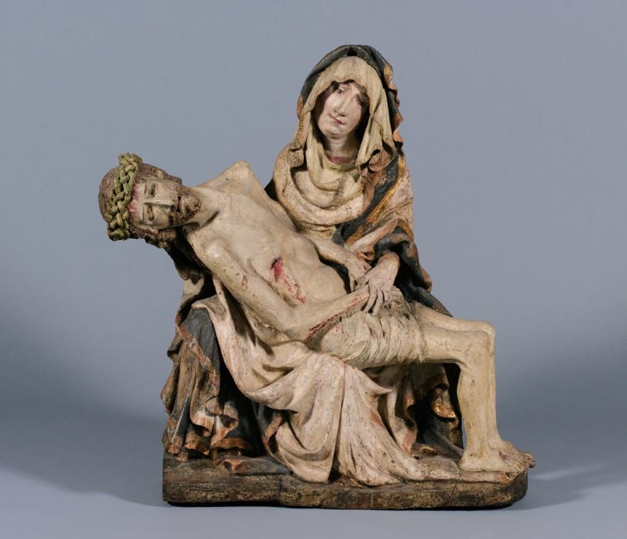 Steirischer Bildschnitzer, Pietà, um 1440, Weidenholz, originale Grundierungs- und Fassungsrest…