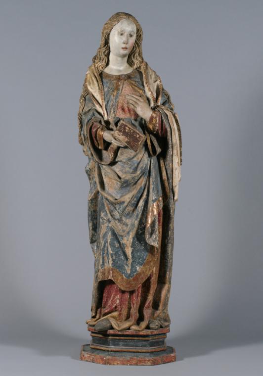 Maria einer Verkündigungsgruppe, um 1465, Lindenholz, gefasst, Details vergoldet, H: 180 cm, Be…