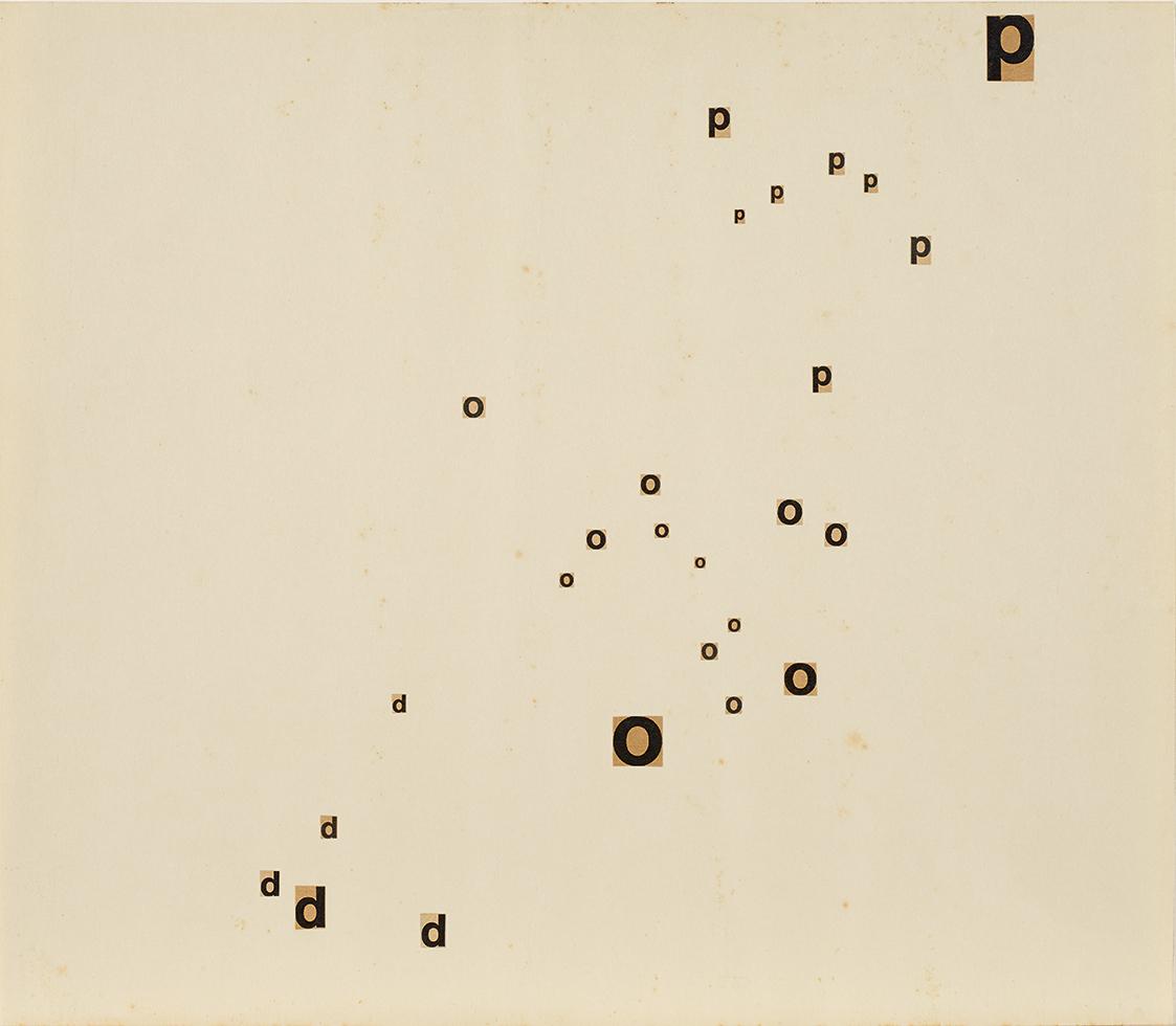 Gerhard Rühm, pod, typocollage, 1961, Collage auf Papier, 34,8 × 39,7 cm, Belvedere, Wien, Inv.…