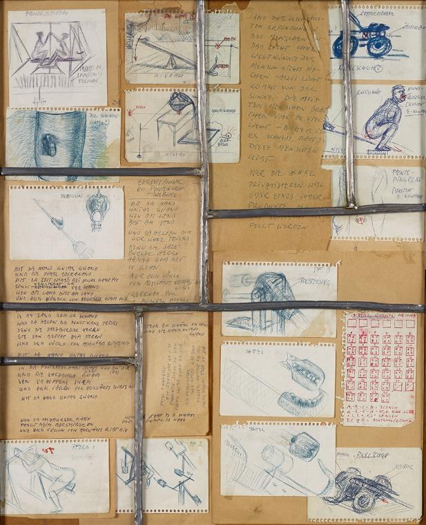 Marc Adrian, Ohne Titel, 2003/04, Zeichnungen und Text, Kugelschreiber auf Papier, montiert auf…