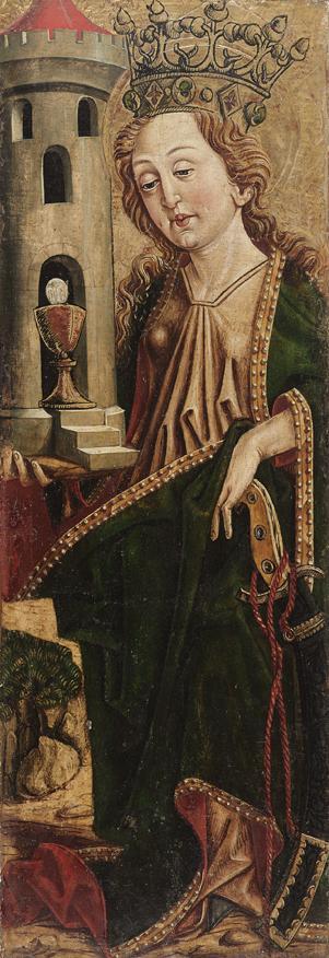 Friedrich Pacher (Umkreis), Hl. Barbara (Innenseite), um 1490, Malerei auf Zirbenholz, 62 x 22 …