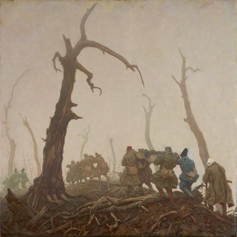 Wilhelm Dachauer, Verwundetentransport, 1916, Öl auf Leinwand, 100 x 100 cm, Belvedere, Wien, I…