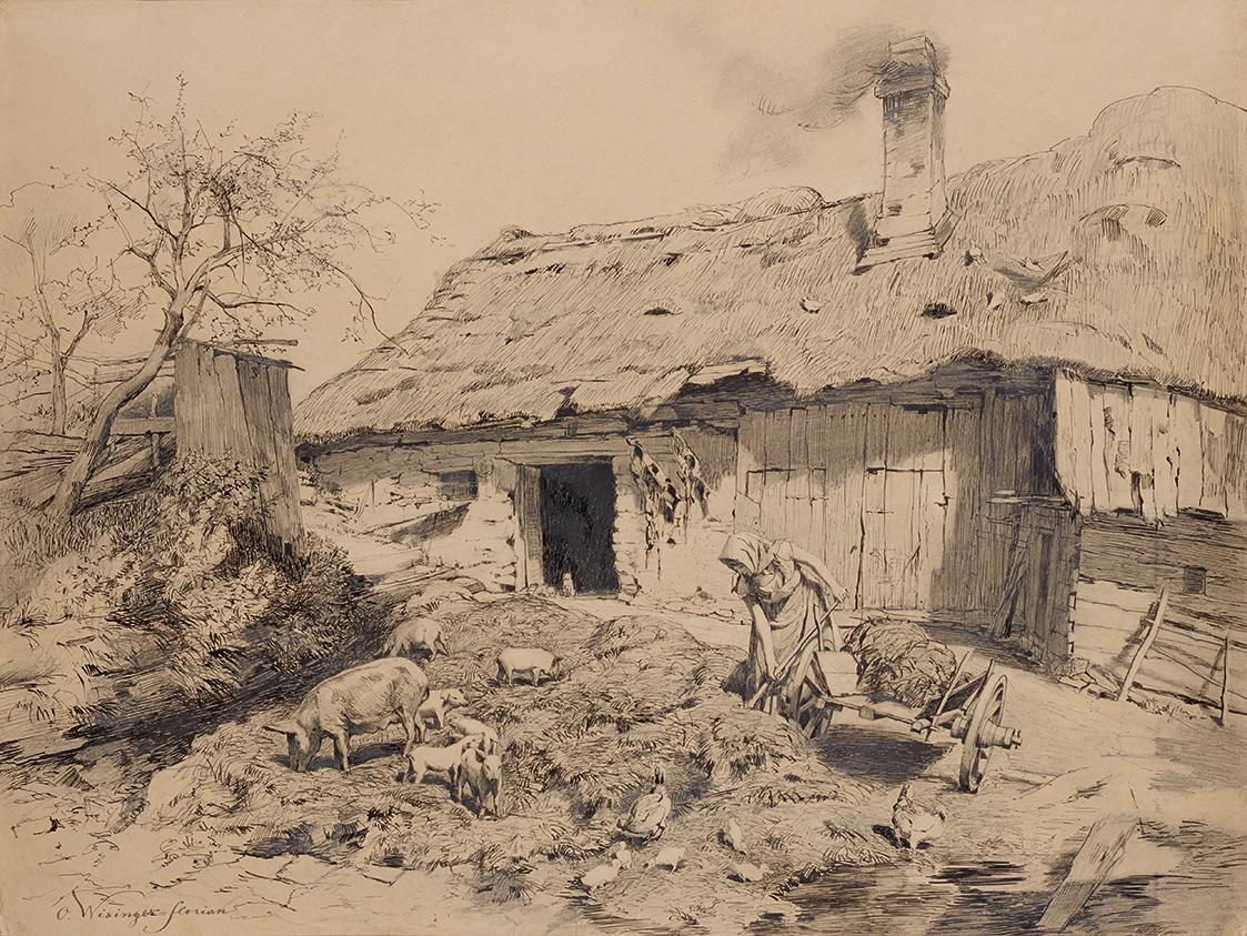 Olga Wisinger-Florian, Arbeit am Bauernhof, um 1888, Feder in Tusche über Bleistift auf Papier,…