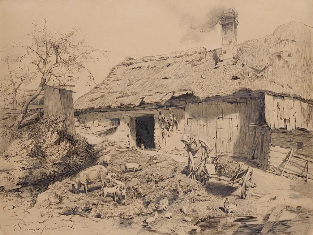 Olga Wisinger-Florian, Arbeit am Bauernhof, um 1888, Feder in Tusche über Bleistift auf Papier,…