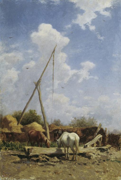 August von Pettenkofen, Ungarische Pferdetränke, um 1860/1870, Öl auf Holz, 27 x 40 cm, Belvede…