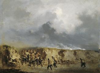 August von Pettenkofen, Österreichische Soldaten eine Furt überschreitend, 1851, Öl auf Karton,…