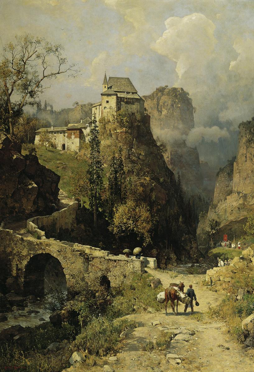 Robert Russ, Schlucht und Einsiedelei San Romedio bei Val di Non, 1893, Öl auf Leinwand, 175 x …