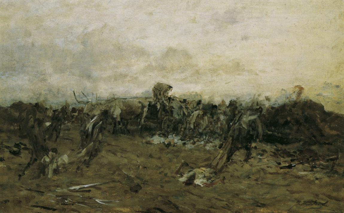 August von Pettenkofen, Nach der Schlacht, um 1850/1860, Öl auf Holz, 28,5 x 44 cm, Belvedere, …
