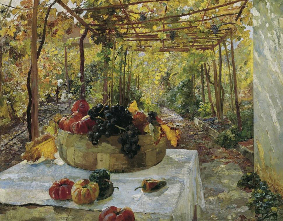 Maria Egner, In der Pergola, um 1910, Öl auf Papier auf Karton, 68 x 86,7 cm, Belvedere, Wien,  ...