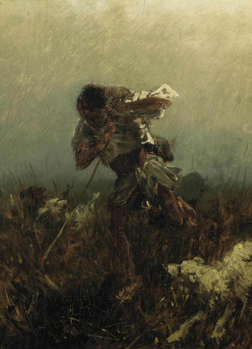 August von Pettenkofen, Zigeunerjunge von Hunden verfolgt, 1871, Öl auf Holz, 34 x 26,5 cm, Bel…