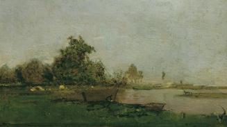 Eugen Jettel, Flusslandschaft mit Boot, um 1880, Öl auf Leinwand, 44 x 78 cm, Belvedere, Wien, …