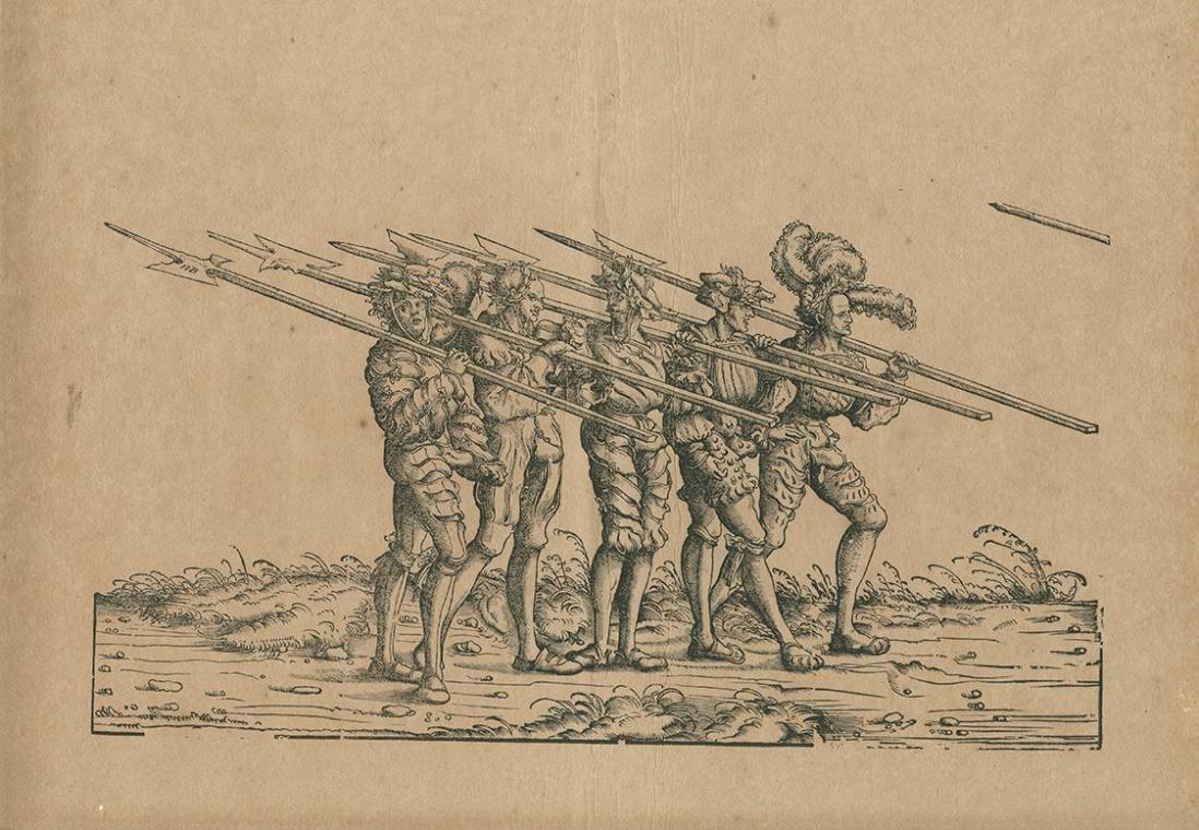 Hans Burgkmair d. Ä., Fechter mit Hellebarden, Holzschnitt, Blattmaße: 41,3 × 57,6 cm, Belveder…