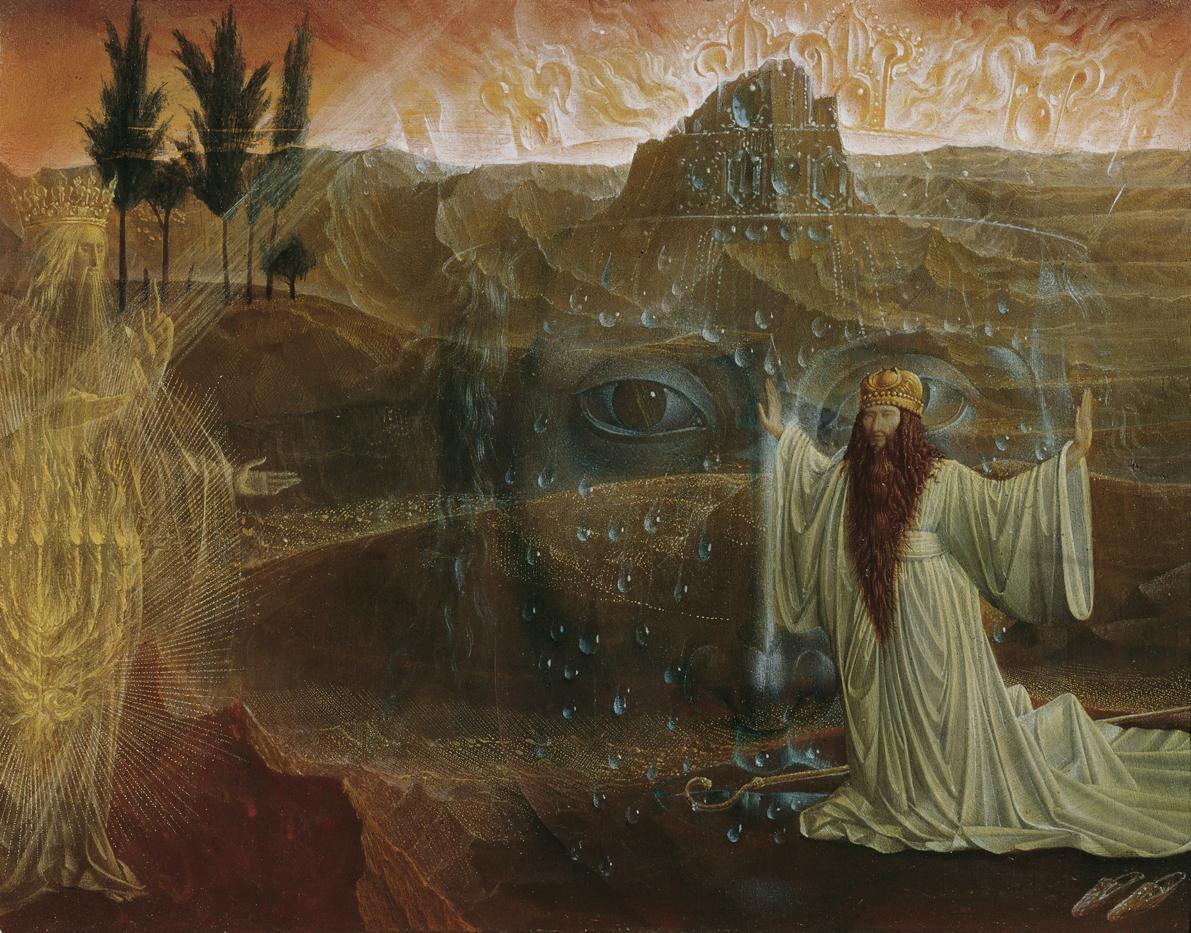 Ernst Fuchs, Moses vor dem brennenden Dornbusch, 1956-1957, Öltempera auf Holz, 18,5 x 23,2 cm,…