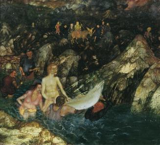 Arik Brauer, Nächtlicher Fischfang, 1955, Öl auf Hartfaserplatte, 36,5 x 41 cm, Artothek des Bu…