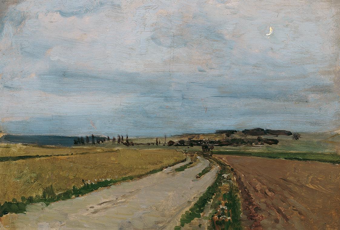 Carl Moll, Stimmungsstudie Abend, Michelhausen (Plankenberg), 1888, Öl auf Holz, 26 x 36,5 cm, …