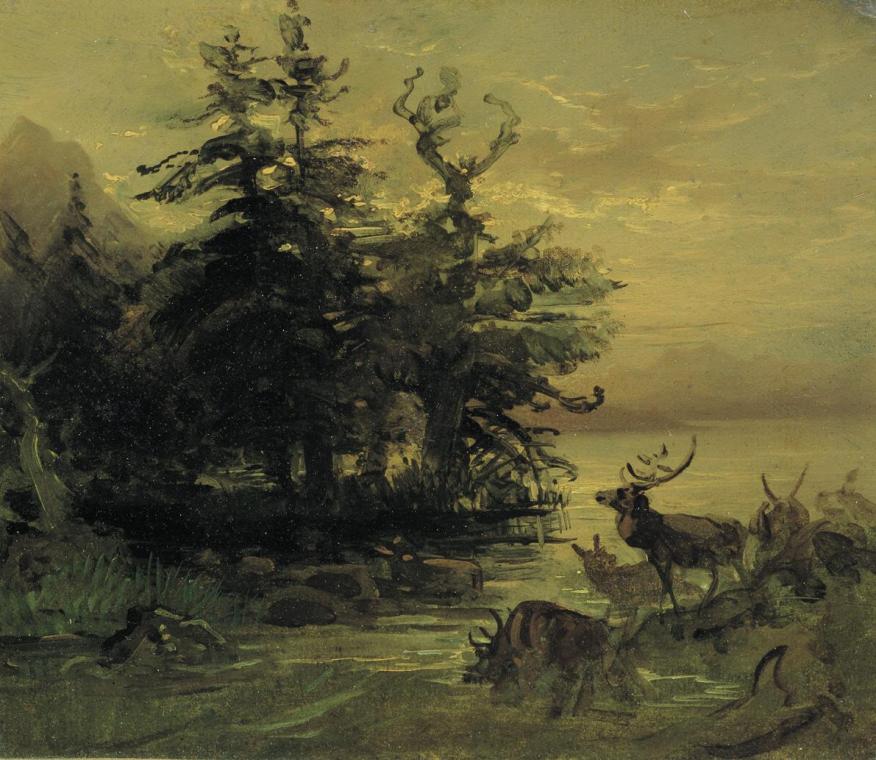Friedrich August Mathias Gauermann, Suhlende Hirsche am Ufer eines Bergsees, um 1850, Öl auf Le…