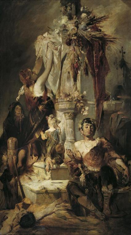 Hans Makart, Barbarische Huldigungsszene, um 1880, Öl auf Leinwand, 330 x 185 cm, Belvedere, Wi…