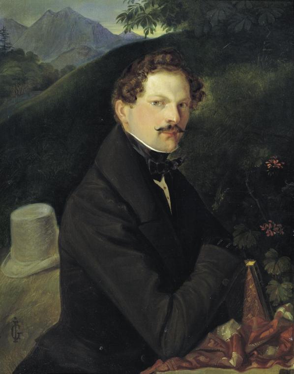 Peter Johann Nepomuk Geiger, Herrenbildnis in Landschaft, Öl auf Leinwand, 26 x 21 cm, Belveder…