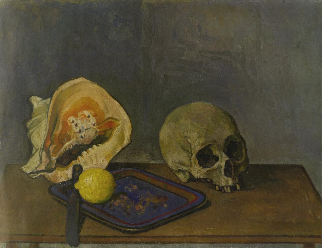 Gerhart Frankl, Stillleben mit Muschel und Totenkopf, 1928–1929, Öl und Tempera auf Leinwand, 4…