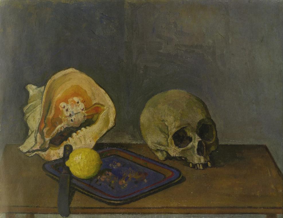 Gerhart Frankl, Stillleben mit Muschel und Totenkopf, 1928–1929, Öl und Tempera auf Leinwand, 4 ...