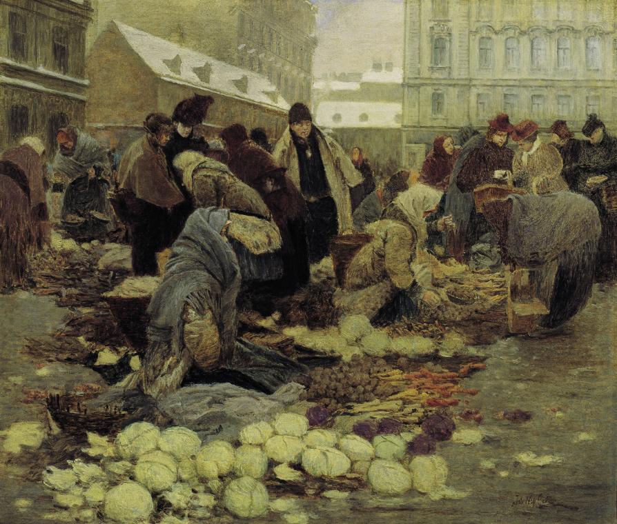 Johann Nepomuk Geller, Kroatenmarkt auf der Haide in Wien, vor 1898, Öl auf Karton, 44,5 x 52,5…