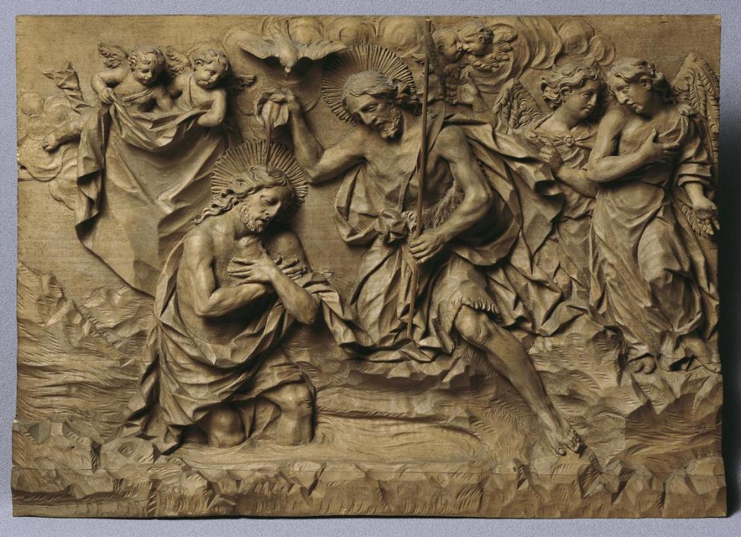 Johann Peter Schwanthaler der Ältere, Taufe Christi, um 1750, Holz, 26 x 39,5 cm, Belvedere, Wi ...