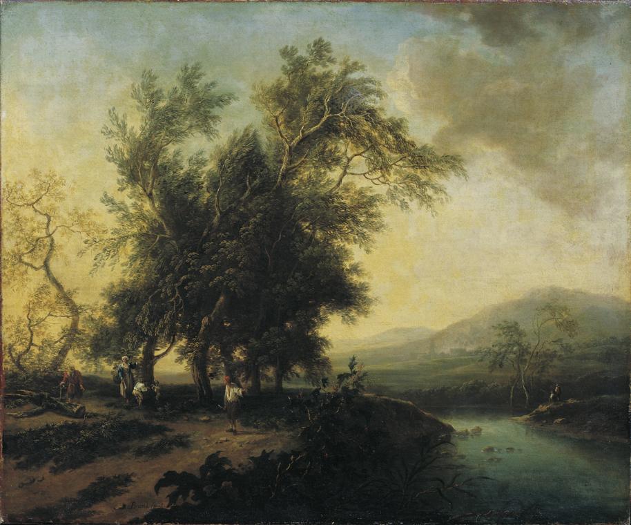 Christian Hilfgott Brand, Landschaft mit Staffage, undatiert, Öl auf Leinwand, 85 x 104 cm, Bel…