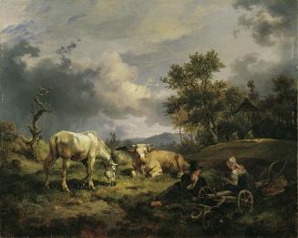 Friedrich August Mathias Gauermann, Junges Bauernpaar auf dem Feld rastend, 1829, Öl auf Holz, …