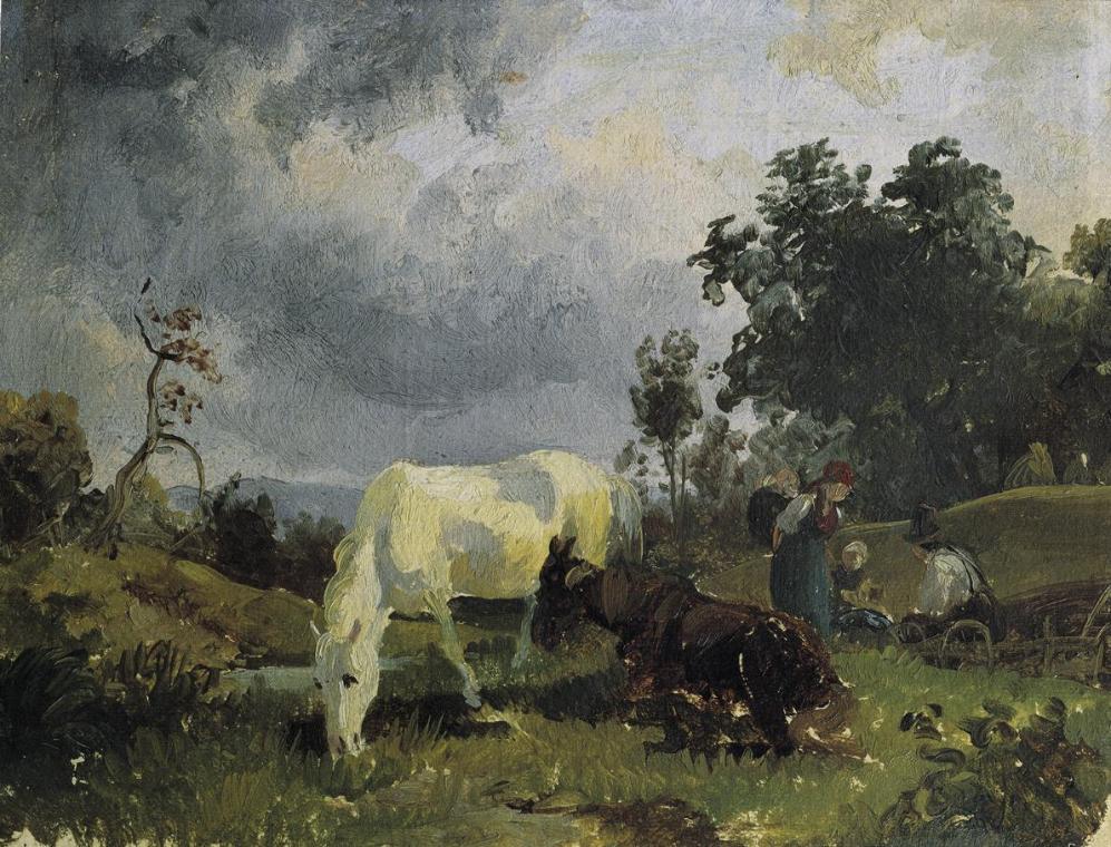 Friedrich August Mathias Gauermann, Ein Schimmel auf der Heide, vor 1830, Öl auf Papier auf Lei…