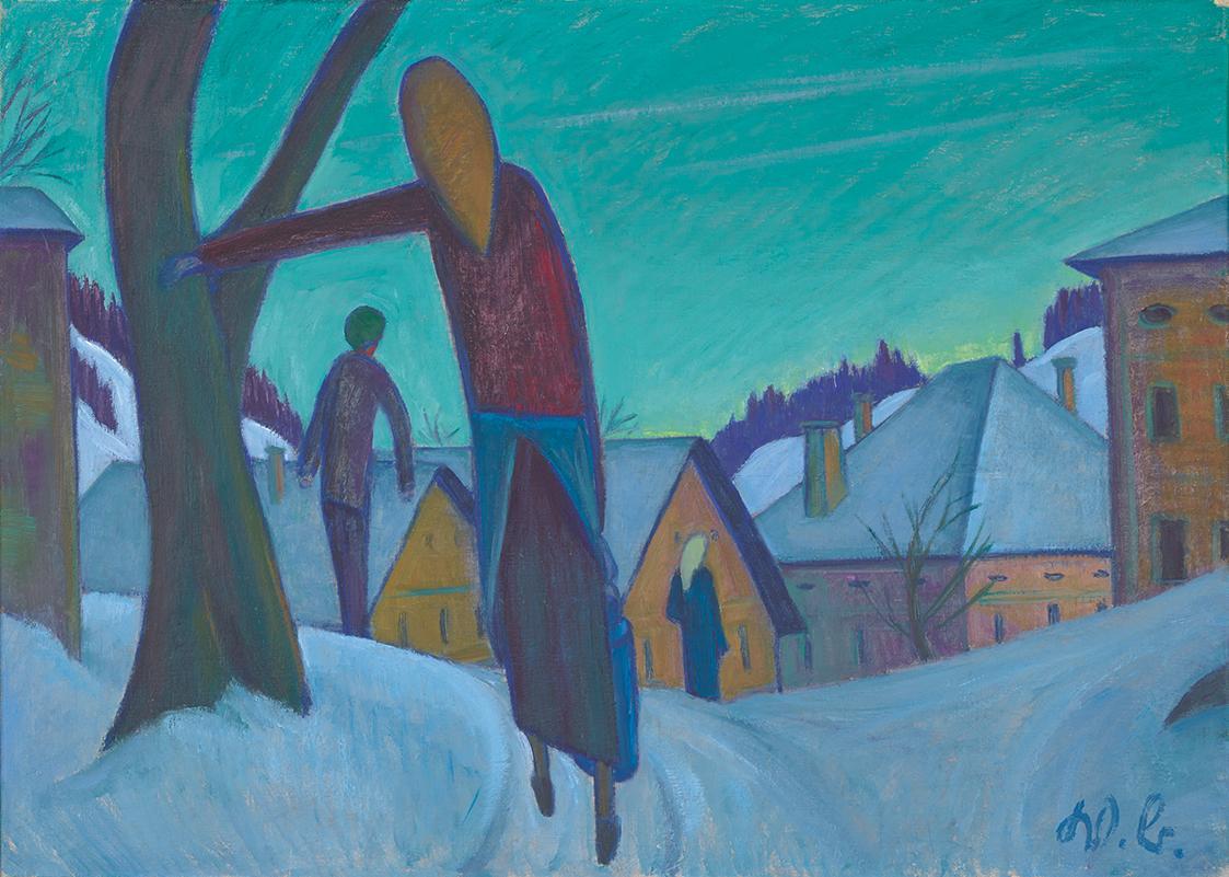 Werner Berg, Bäuerin, eine Milchkanne tragend, 1959, Öl auf Leinwand, 63 × 89 cm, Belvedere, Wi…