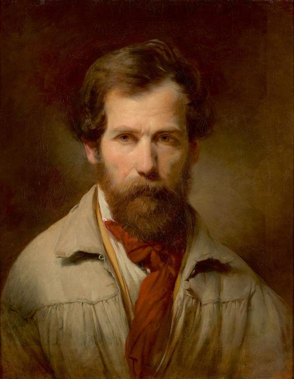Friedrich von Amerling, Selbstporträt en face in grauem Malerkittel und mit rotem Halstuch, 184…