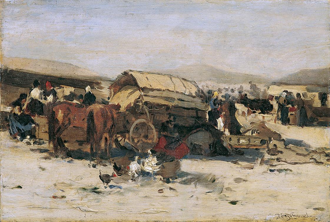 Gergely Pörge, Ungarische Marktszene, Ende 19.–Anfang 20. Jahrhundert, Öl auf Holz, 19,8 × 29,2…