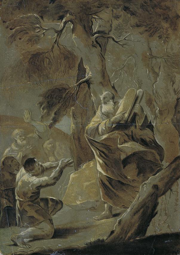 Paul Troger, Moses bringt das Gesetz vom Berge Sinai, um 1750, Ölgrisaille auf Papier, auf Kart…