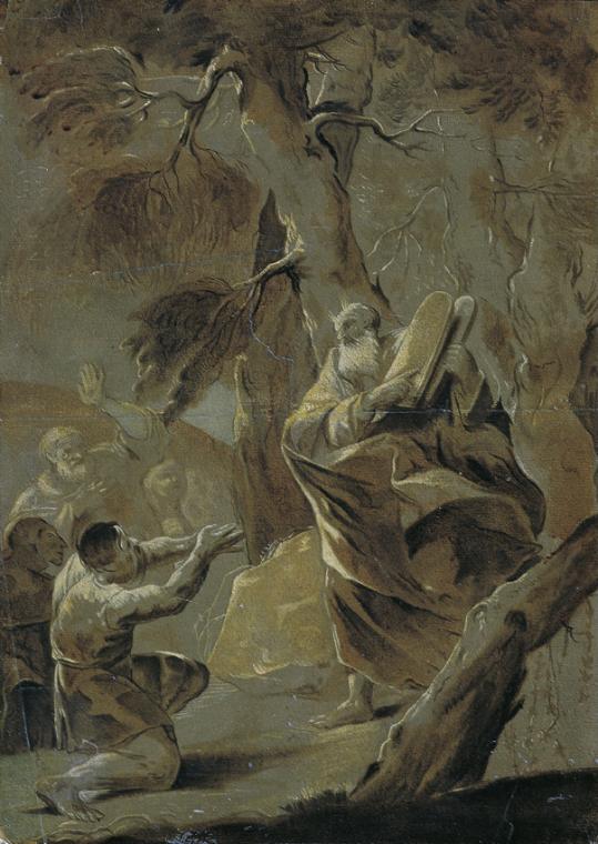 Paul Troger, Moses bringt das Gesetz vom Berge Sinai, um 1750, Ölgrisaille auf Papier, auf Kart…