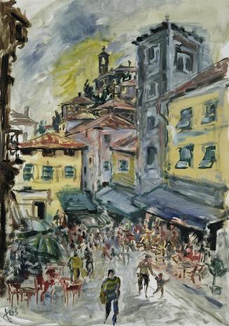 Felix Smetana, Kaffeehausplatz in einer südlichen Stadt, 1963, Öl auf Karton, 70 x 49,5 cm, Bel…