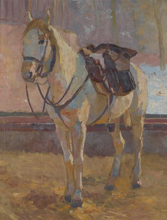 Victor Eckhardt von Eckhardsburg, Schimmel unterm Sattel, 1897, Öl auf Holzplatte, 68 × 52,5 cm…