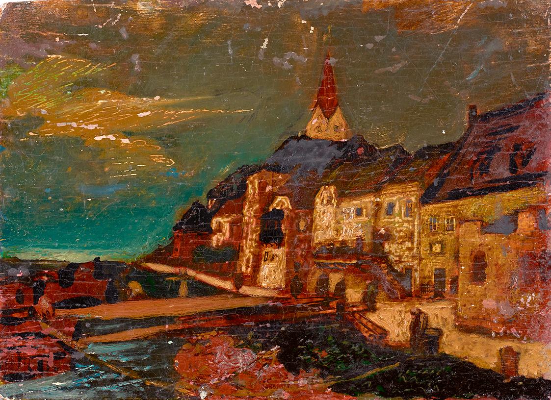 Josef Dobrowsky, Stadtlandschaft, Anfang 20.–Mitte 20. Jahrhundert, Öl auf Holz, 23,2 × 32,2 cm ...