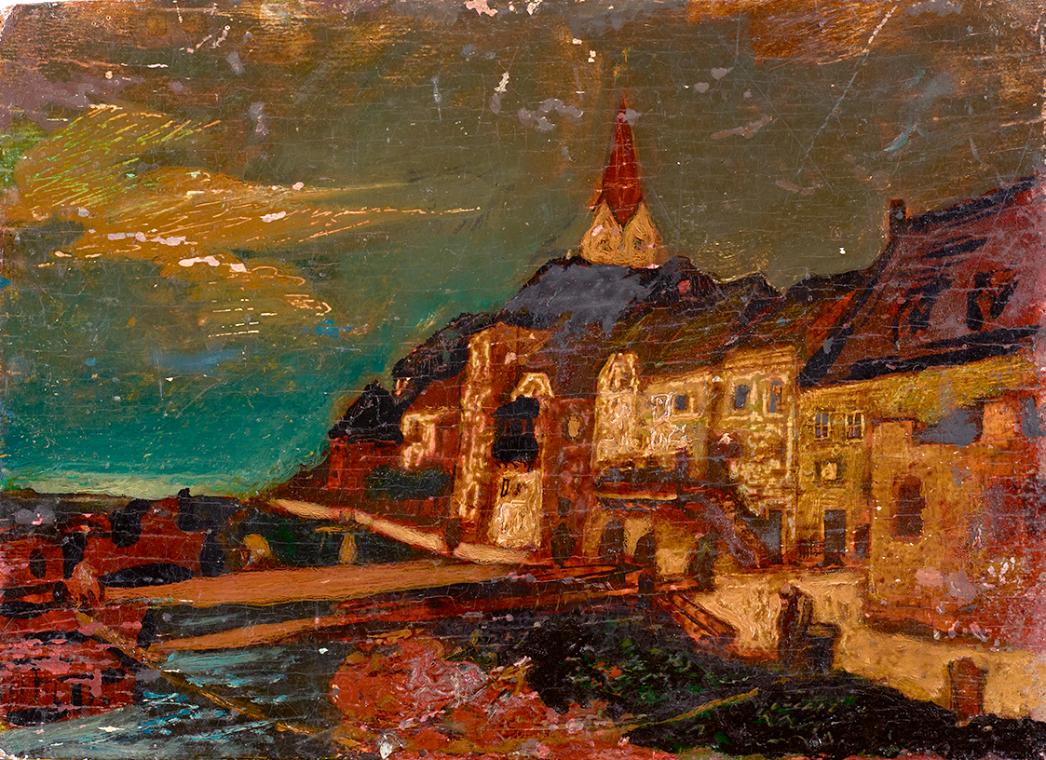 Josef Dobrowsky, Stadtlandschaft, Anfang 20.–Mitte 20. Jahrhundert, Öl auf Holz, 23,2 × 32,2 cm…