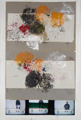 Rudolf Polanszky, Sitzbild mit fotografischen Illustrationen, 1983–1984, 2 Blätter mit Farbe au…