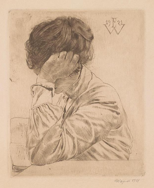 Erich Karl Wagner, Lesende, 1921, Radierung, Blattmaße: 40 × 29,8 cm, Plattenmaße: 12 × 8,9 cm,…