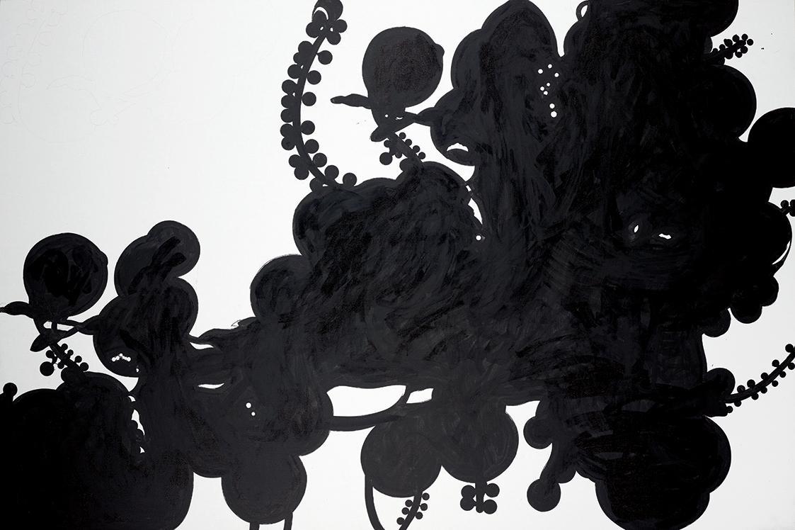 Franz Graf, IN FIEDER, 2013, Tusche, Permanentmarker und Graphit auf Leinwand, 160 × 230 cm, Be…