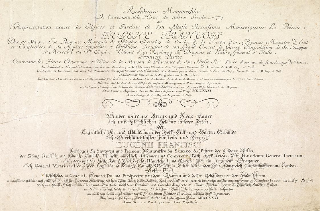 Salomon Kleiner, Titelblatt des ersten Teils, 1731, Kupferstich, Druck in Schwarz auf Papier, D…