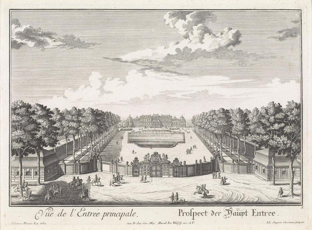 Salomon Kleiner, Prospekt des Haupteinfahrtstores und des oberen Schlosses von Süden, 1731, Rad…