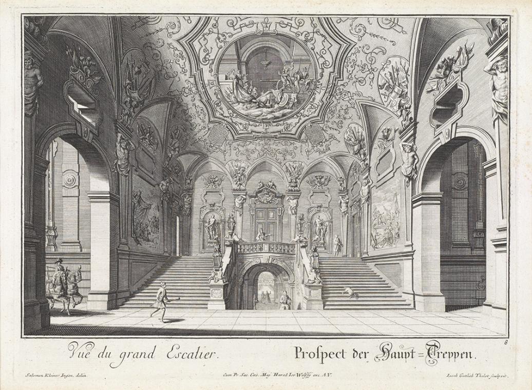 Salomon Kleiner, Haupttreppe, 1731, Radierung, Druck in Schwarz auf Papier, Dauerleihgabe aus P…