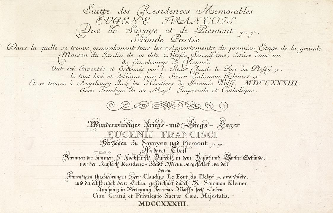 Salomon Kleiner, Titelblatt des zweiten Teils, 1733, Kupferstich, Druck in Schwarz auf Papier, …